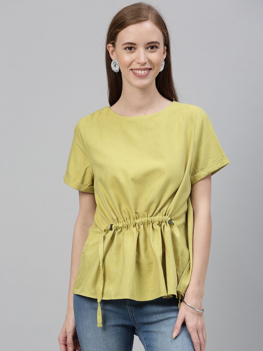 Vero Moda Women Lime Green Solid Cinched Waist Top With Waist Tie-Ups