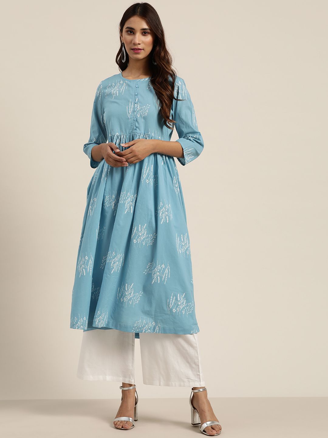 Moda Rapido Women Blue & White Floral Print Anarkali Kurta Price in India
