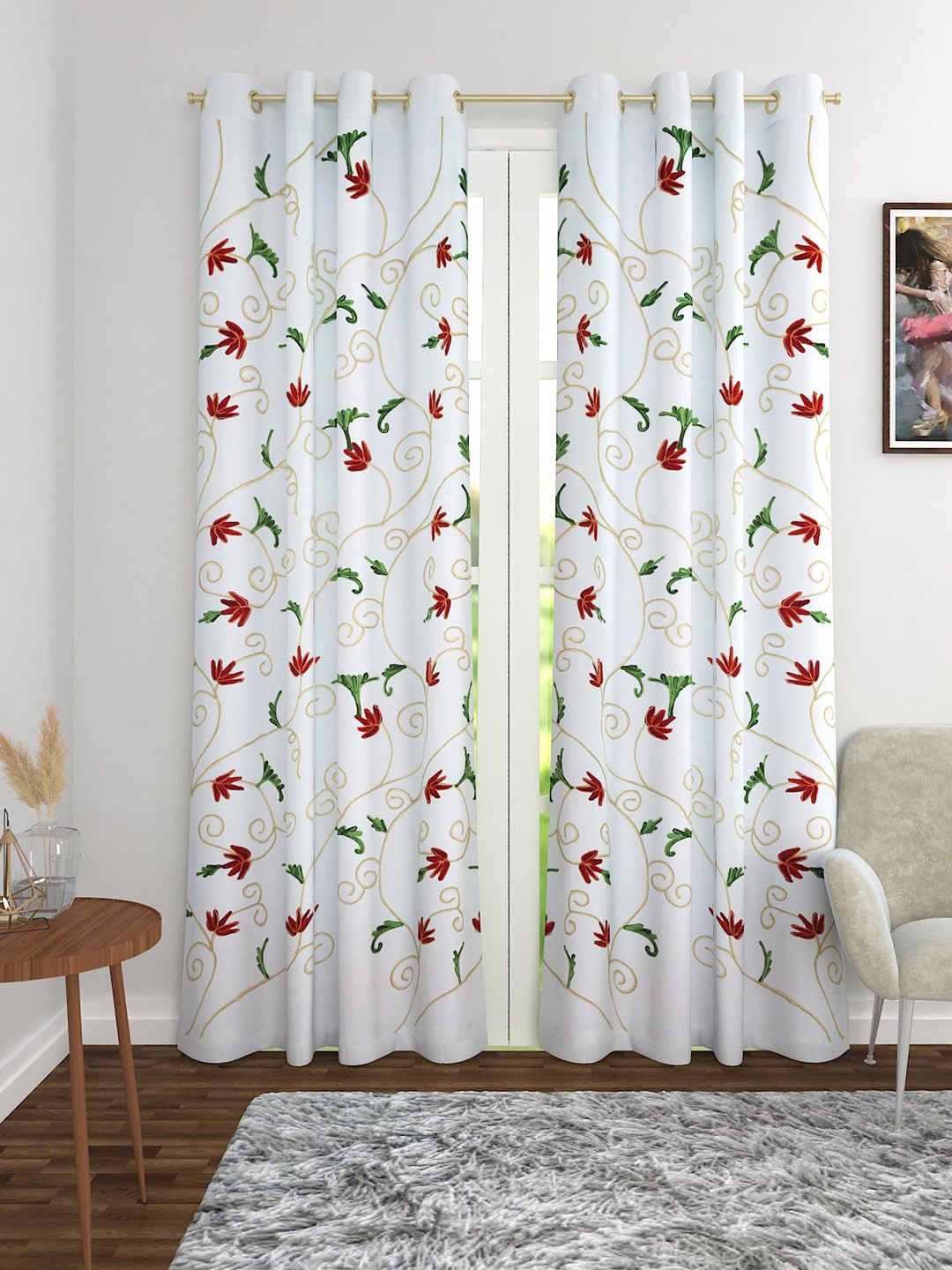 Soumya White & Red Crewel Embroidered Single Long Door Curtain Price in India