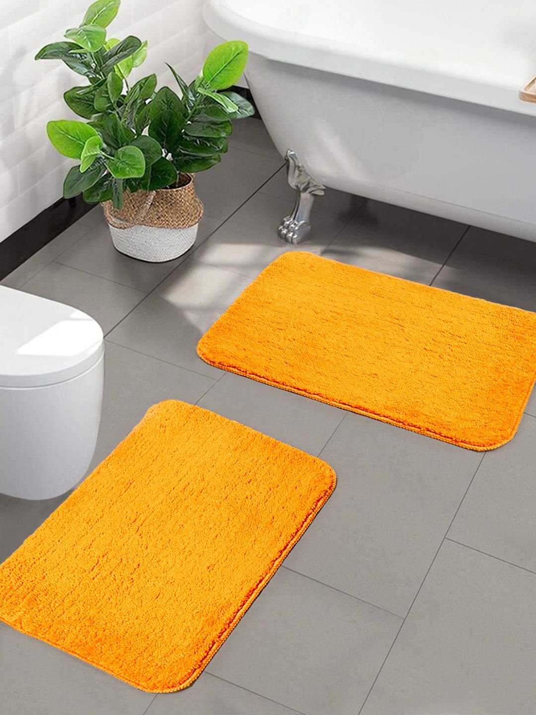 Saral Home Set of 2 Orange Solid Microfibre Anti-Skid Bath Rugs Price in India