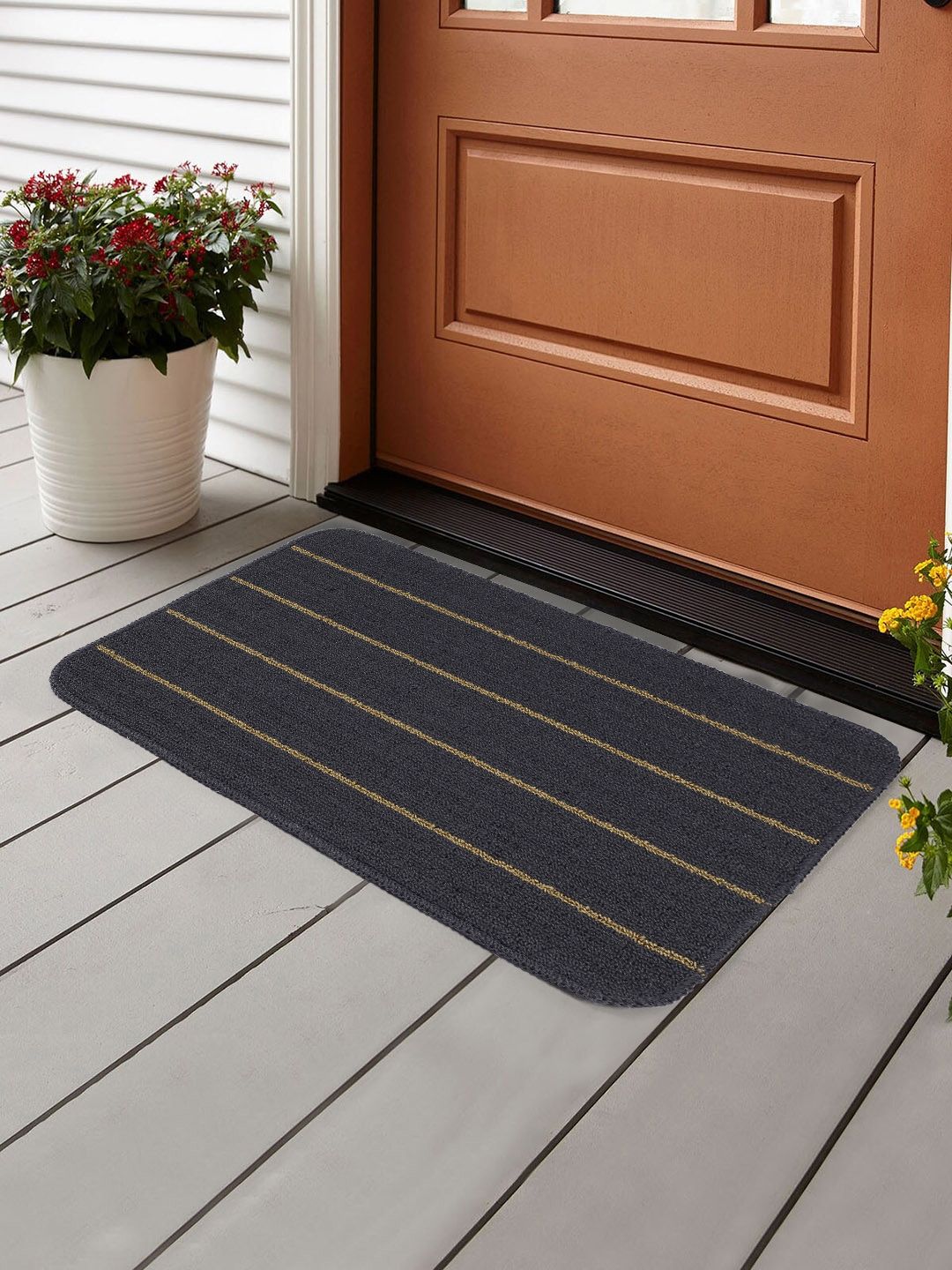 Saral Home Charcoal Grey & Mustard Yellow Striped Polypropylene Anti-Skid Doormat Price in India