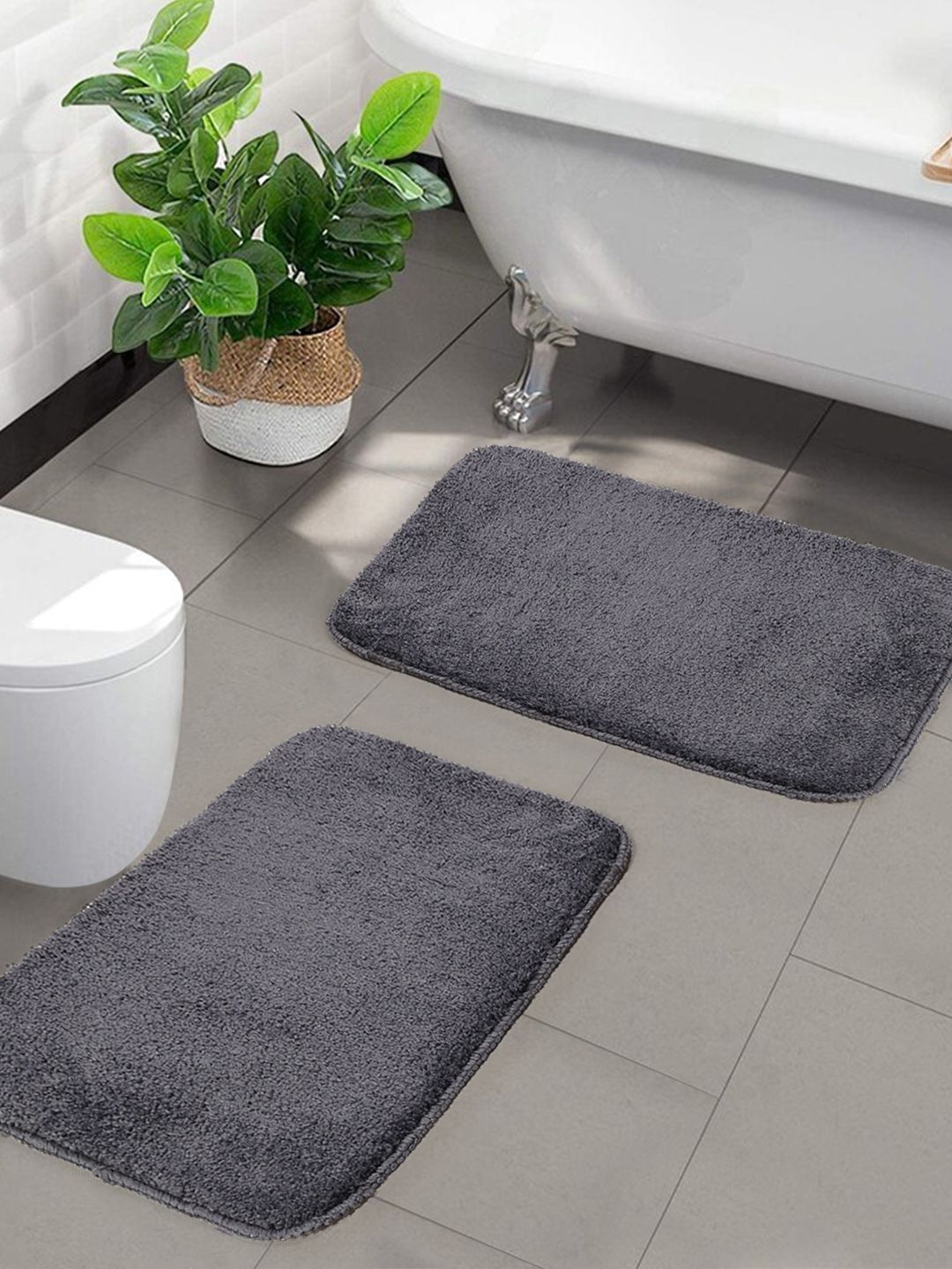 Saral Home Set of 2 Grey Solid Microfibre Anti-Skid Bath Rugs