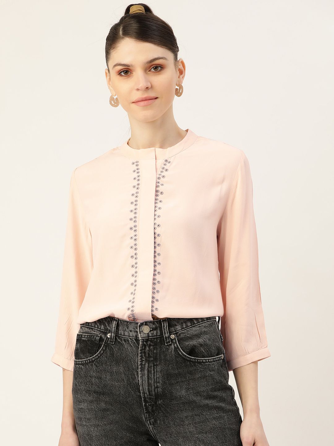 Label Ritu Kumar Women Peach-Coloured Schiffli Embroidered Detail Solid Casual Shirt