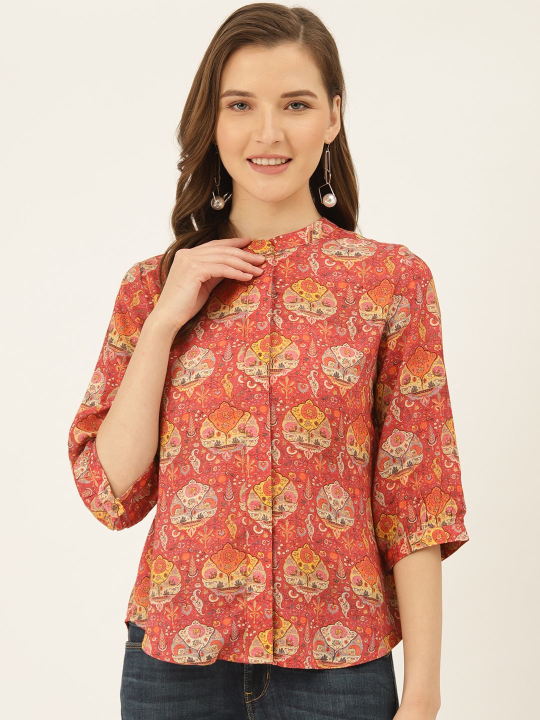 Label Ritu Kumar Women Red & Beige Printed Shirt