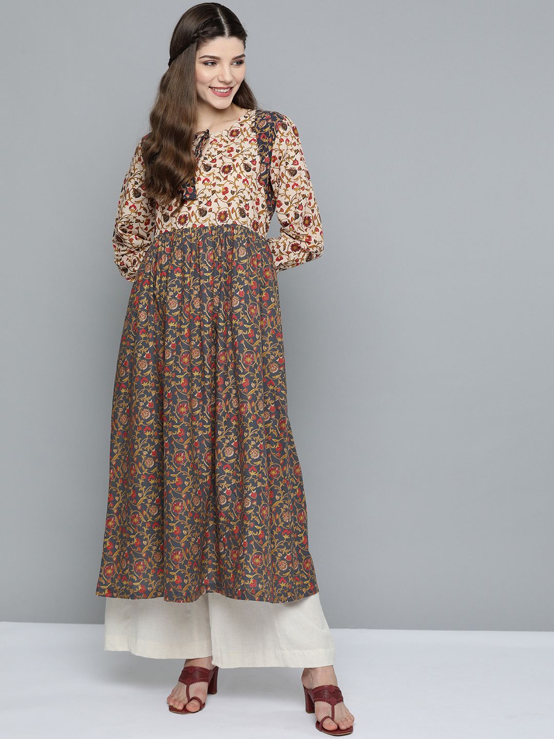 HERE&NOW Women Beige & Charcoal Grey Pure Cotton Printed A-Line Kurta