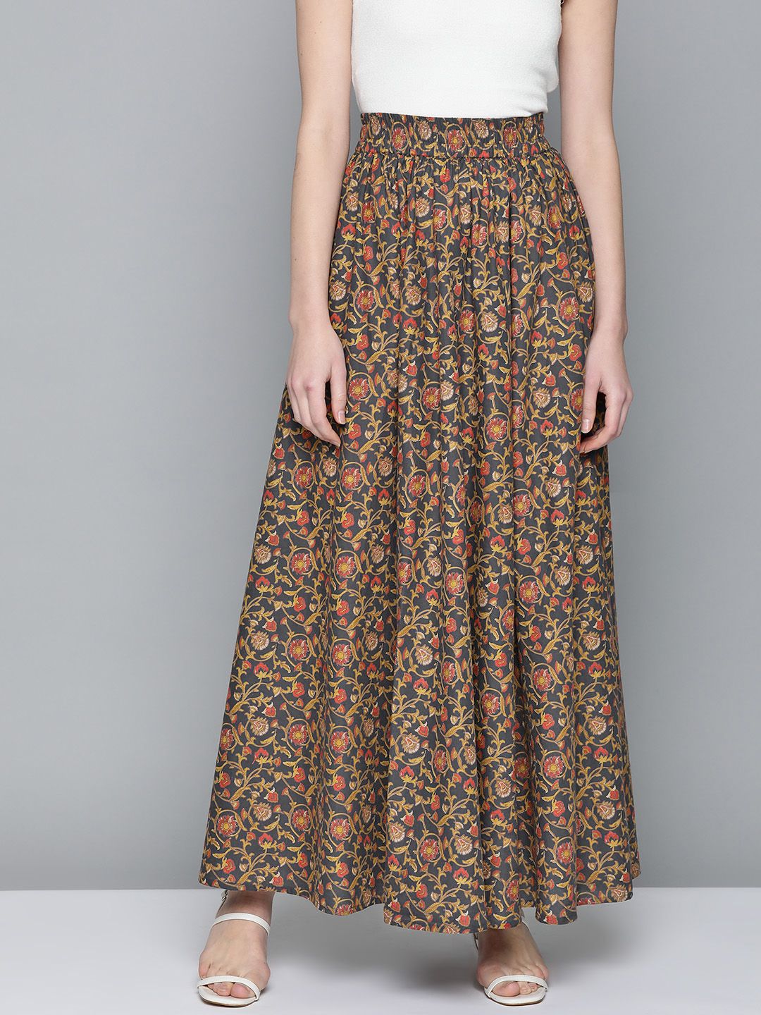 HERE&NOW Women Charcoal Grey & Mustard Yellow Printed Pure Cotton Maxi Flared Skirt