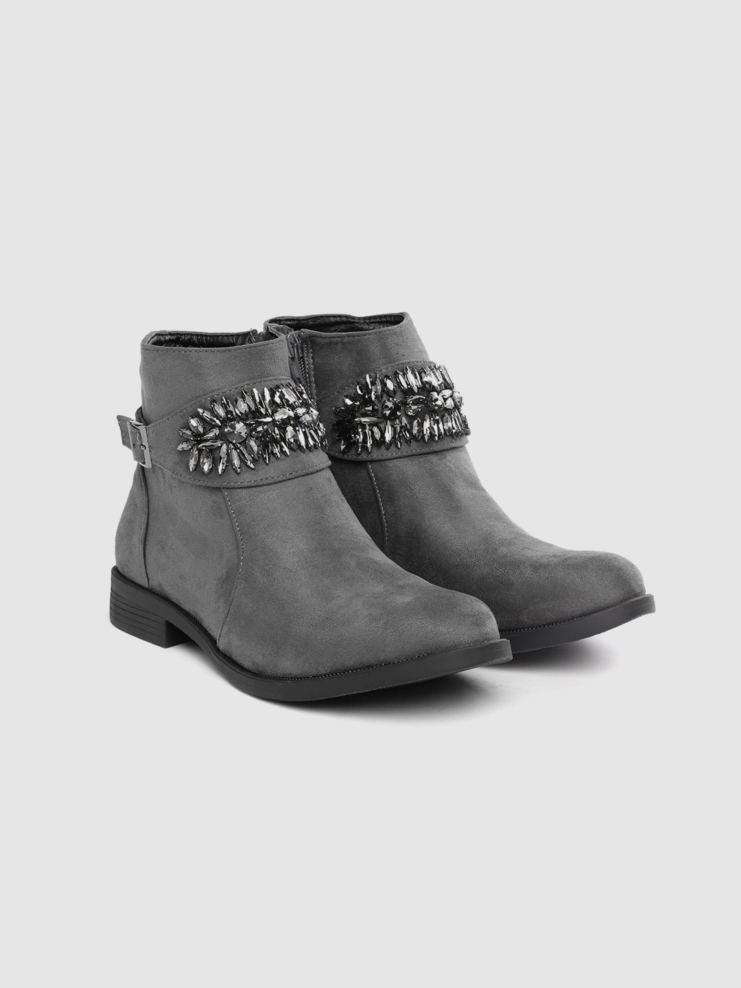 Lavie Women Charcoal Grey Embellished Mid-Top Flat Boots Price in India