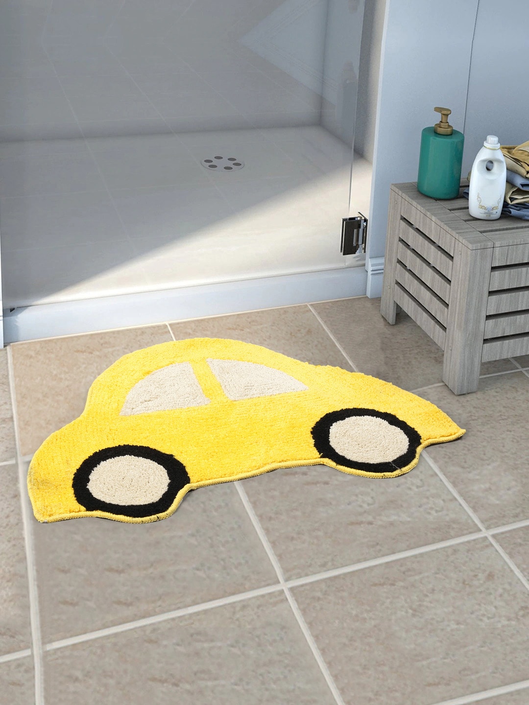 Saral Home Yellow & Beige Printed Car-Shaped Microfiber Anti-Skid Floor Mat Price in India
