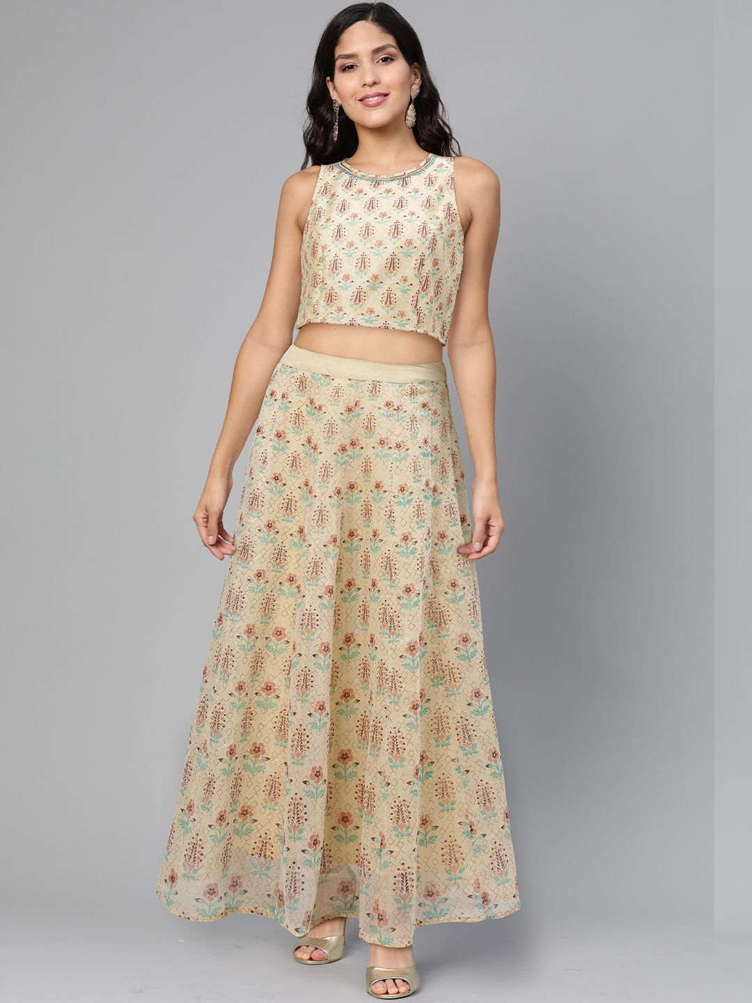 Global Desi Women Multicoloured Printed Top with Skirt Price in India