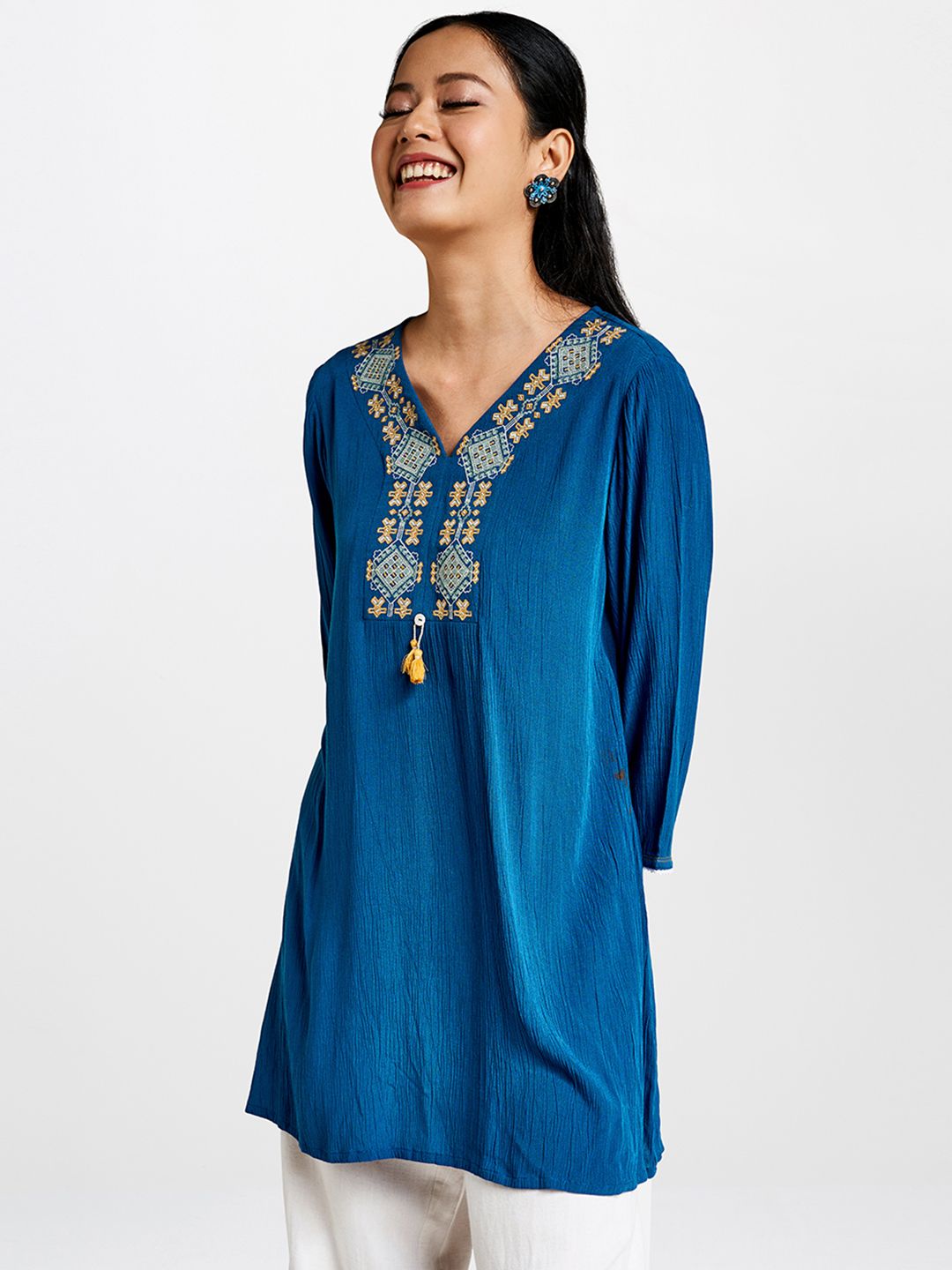 Global Desi Women Navy Blue Embroidered Tunic Price in India