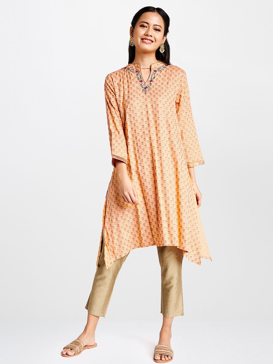 Global Desi Women Peach-Coloured & Red Floral Printed Floral Kurta Price in India