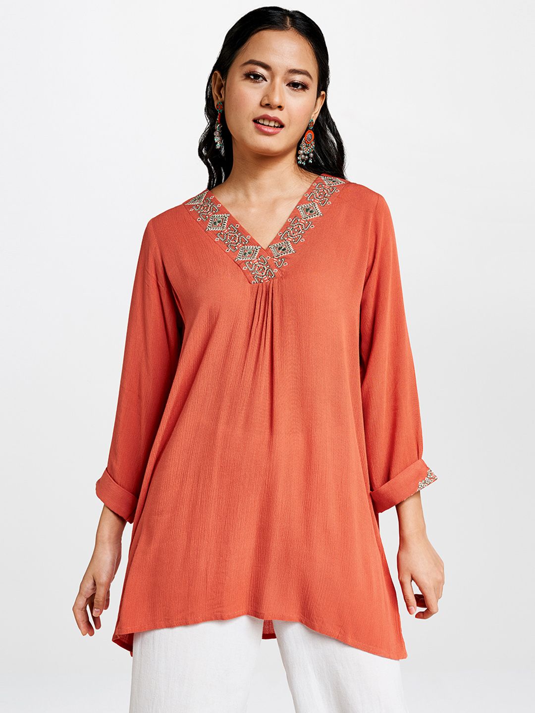 Global Desi Women Rust Orange Solid Tunic with Embroidery Price in India