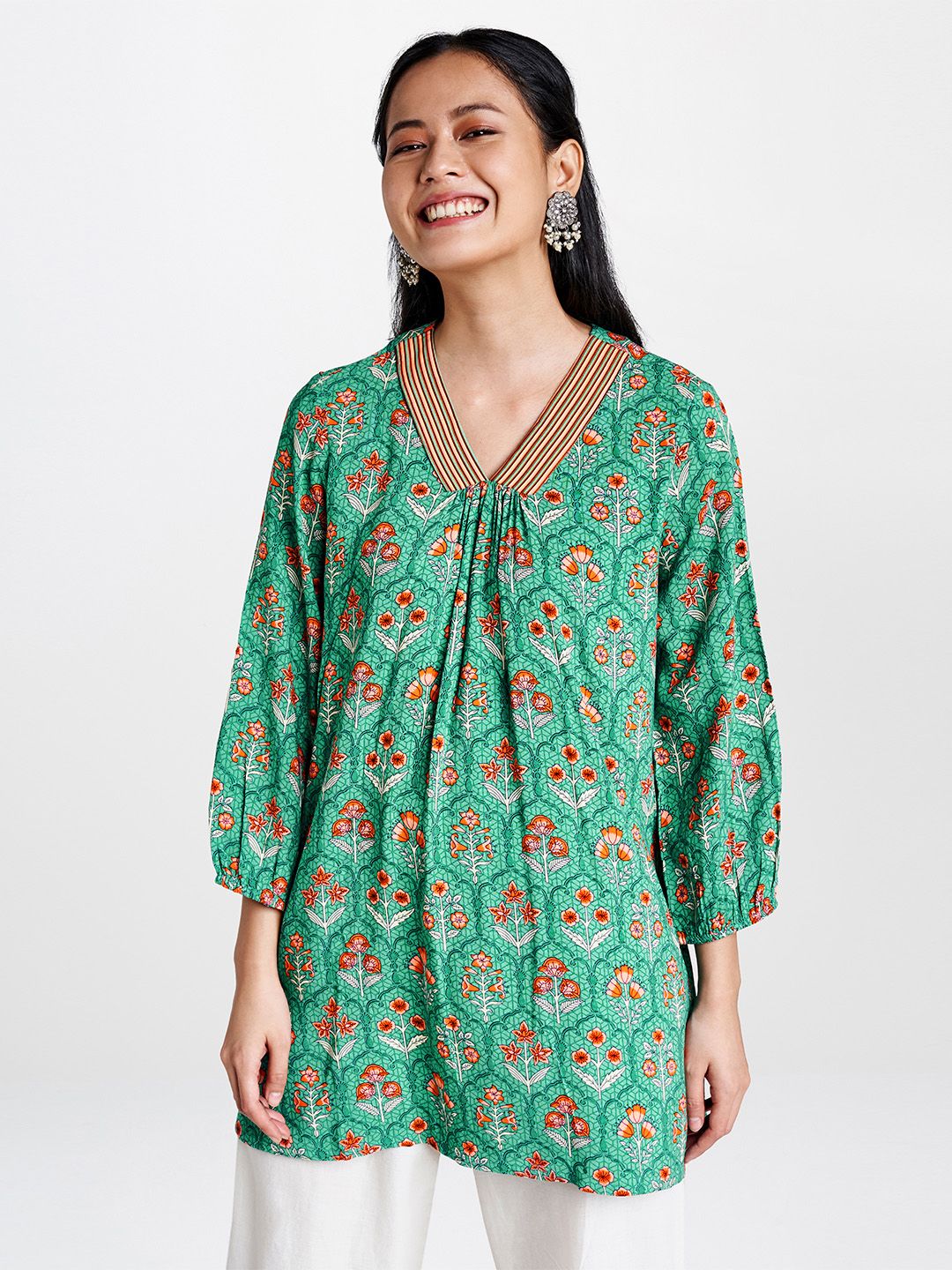Global Desi Women's Blue & Peach-Coloured Printed Tunic with Gathers Price in India