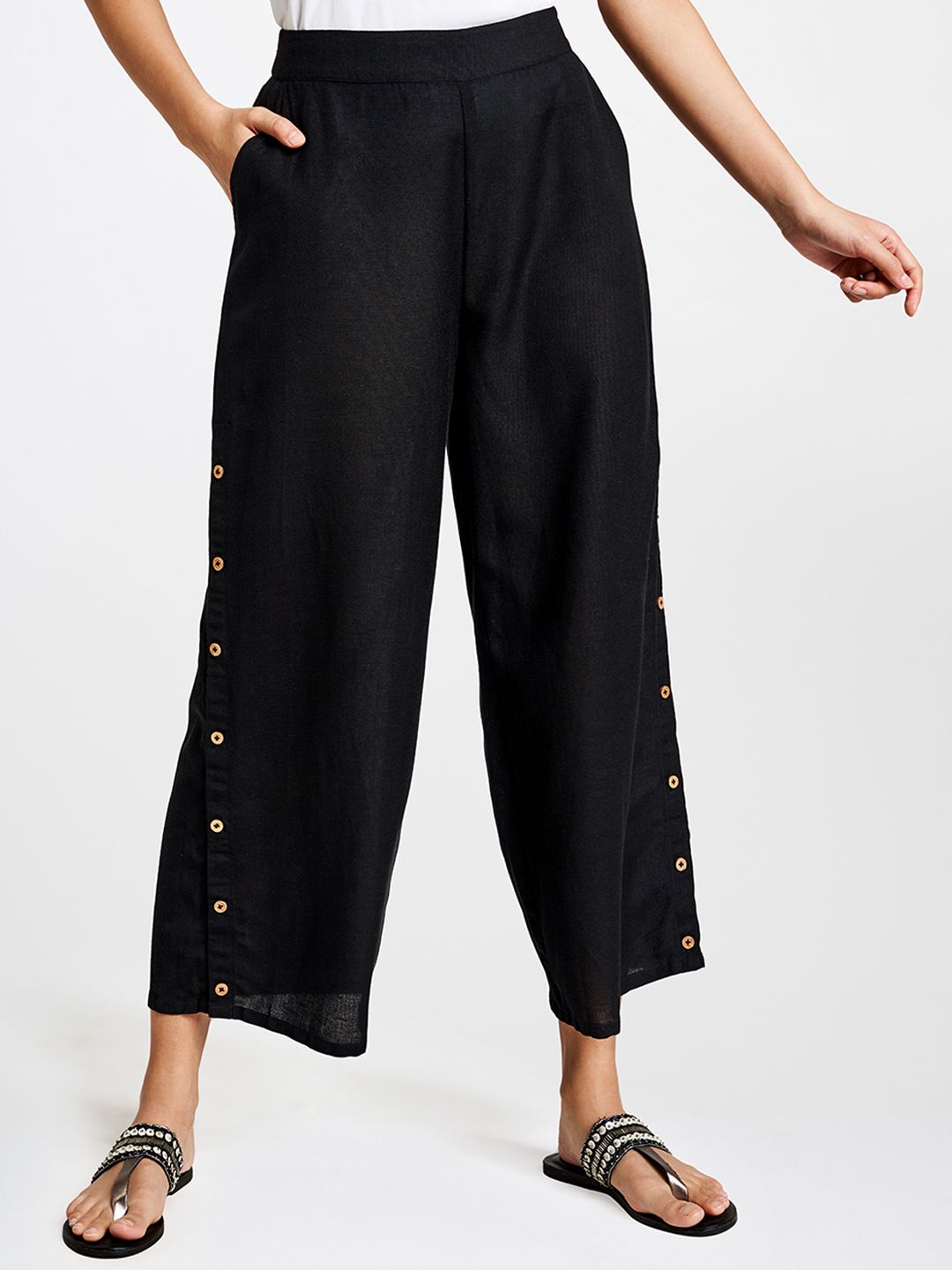 Global Desi Women Black Solid Button Detail Cropped Parallel Trousers Price in India