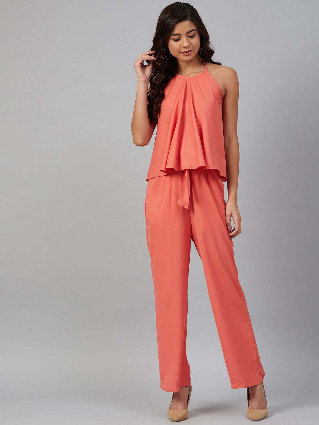Jompers Women Peach-Coloured Solid Halter Neck Basic Jumpsuit Price in India