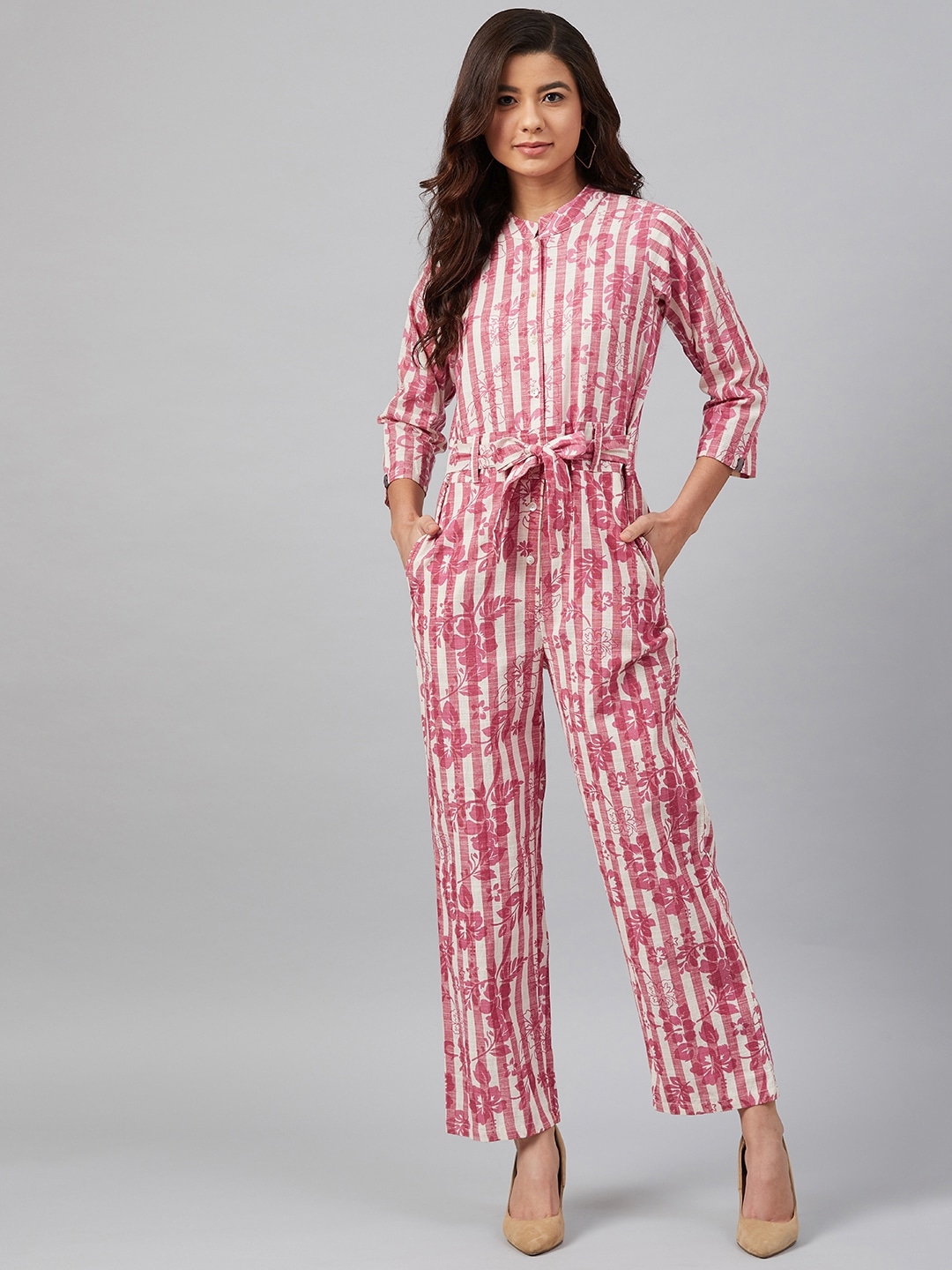 Jompers Women Off-White & Pink Striped Mandarin Collar Basic Jumpsuit Price in India