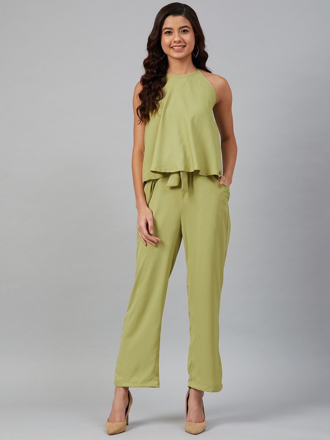 Jompers Women Lime Green Solid Halter Neck Basic Jumpsuit Price in India