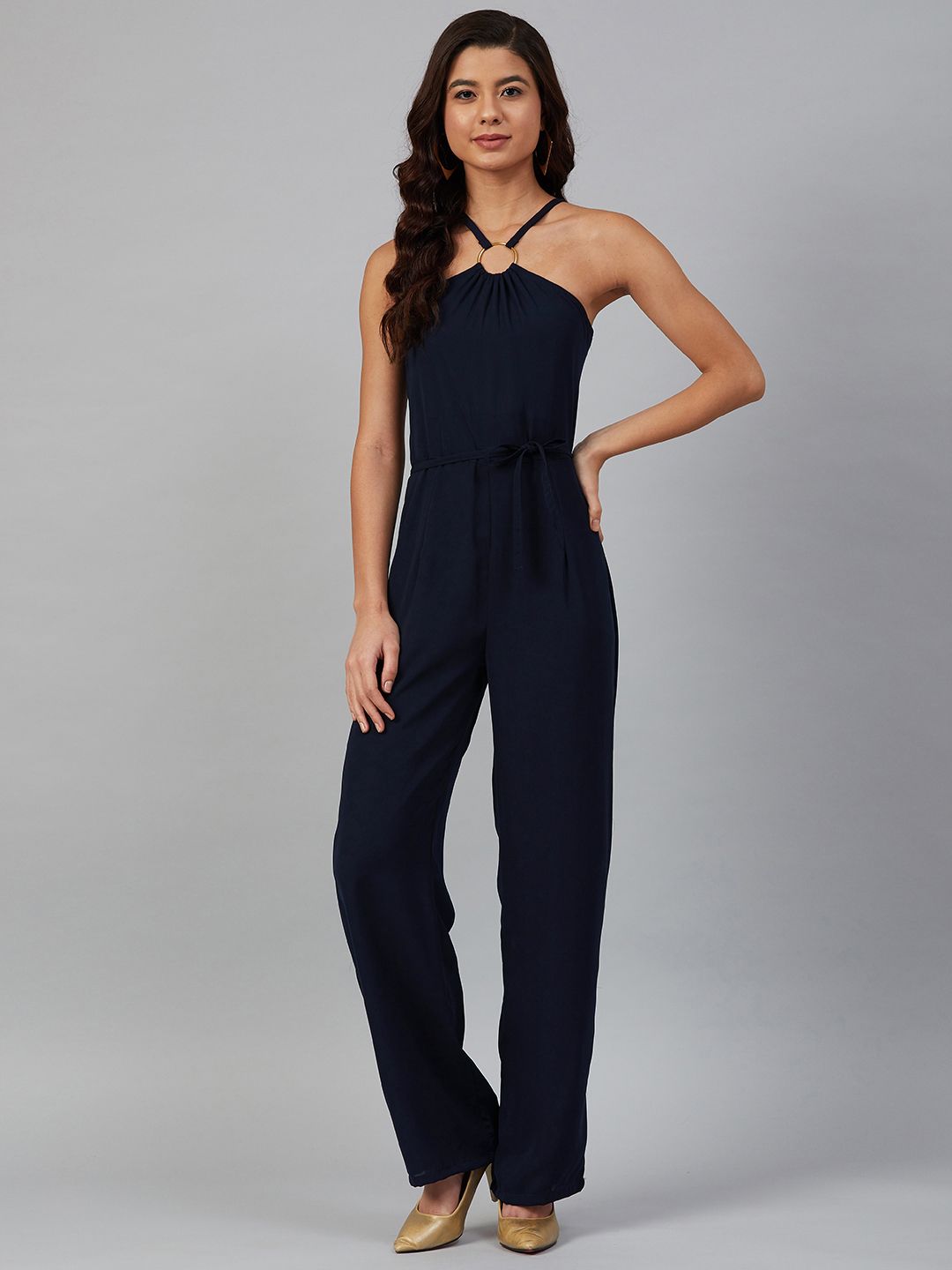 Jompers Women Navy Blue Solid Halter Neck Basic Jumpsuit Price in India