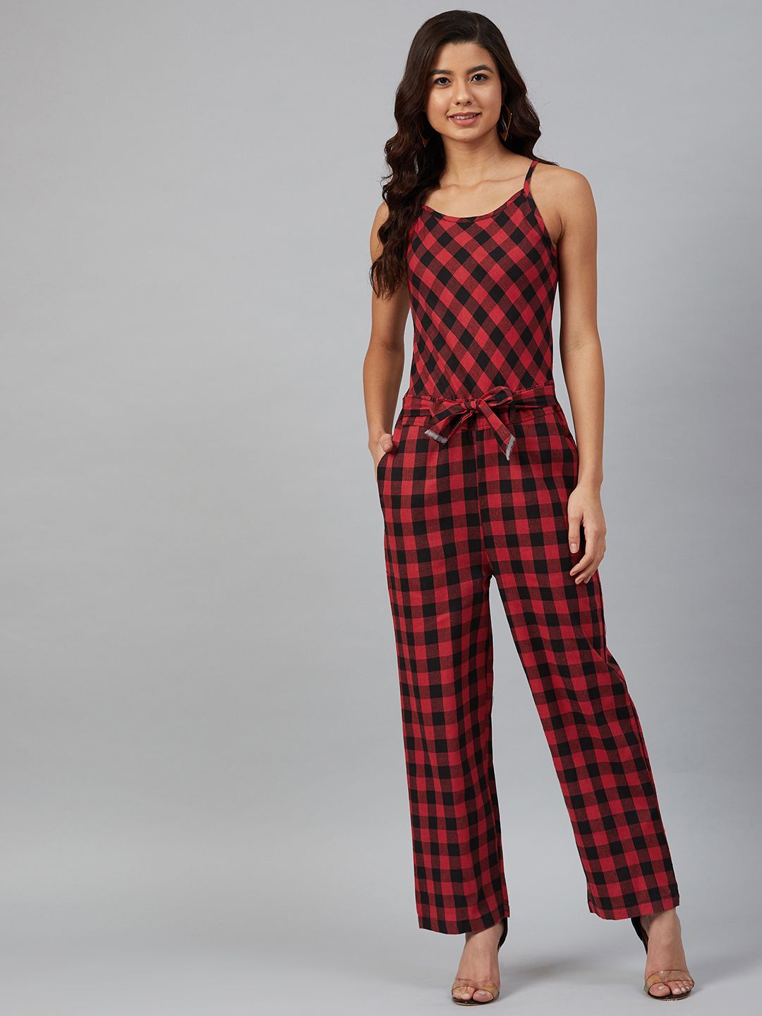 Jompers Women Red & Black Checked Basic Jumpsuit Price in India