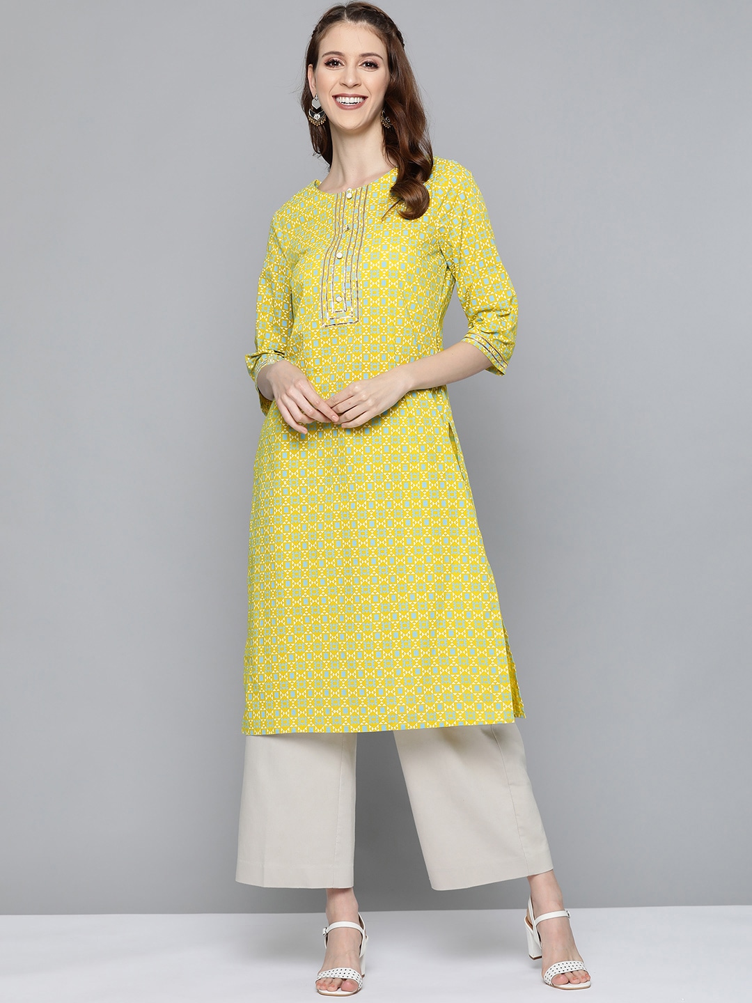 HERE&NOW Women Lime Green & Blue Printed Straight Kurta Price in India