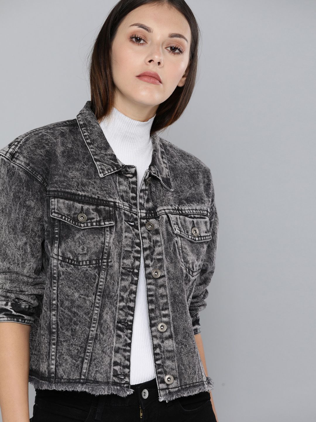 Harvard Women Grey Washed Denim Jacket Price in India