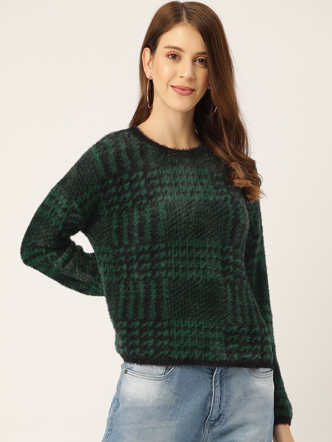 Madame Women Green & Black Prince of Wales Checked Fuzzy Pullover Price in India