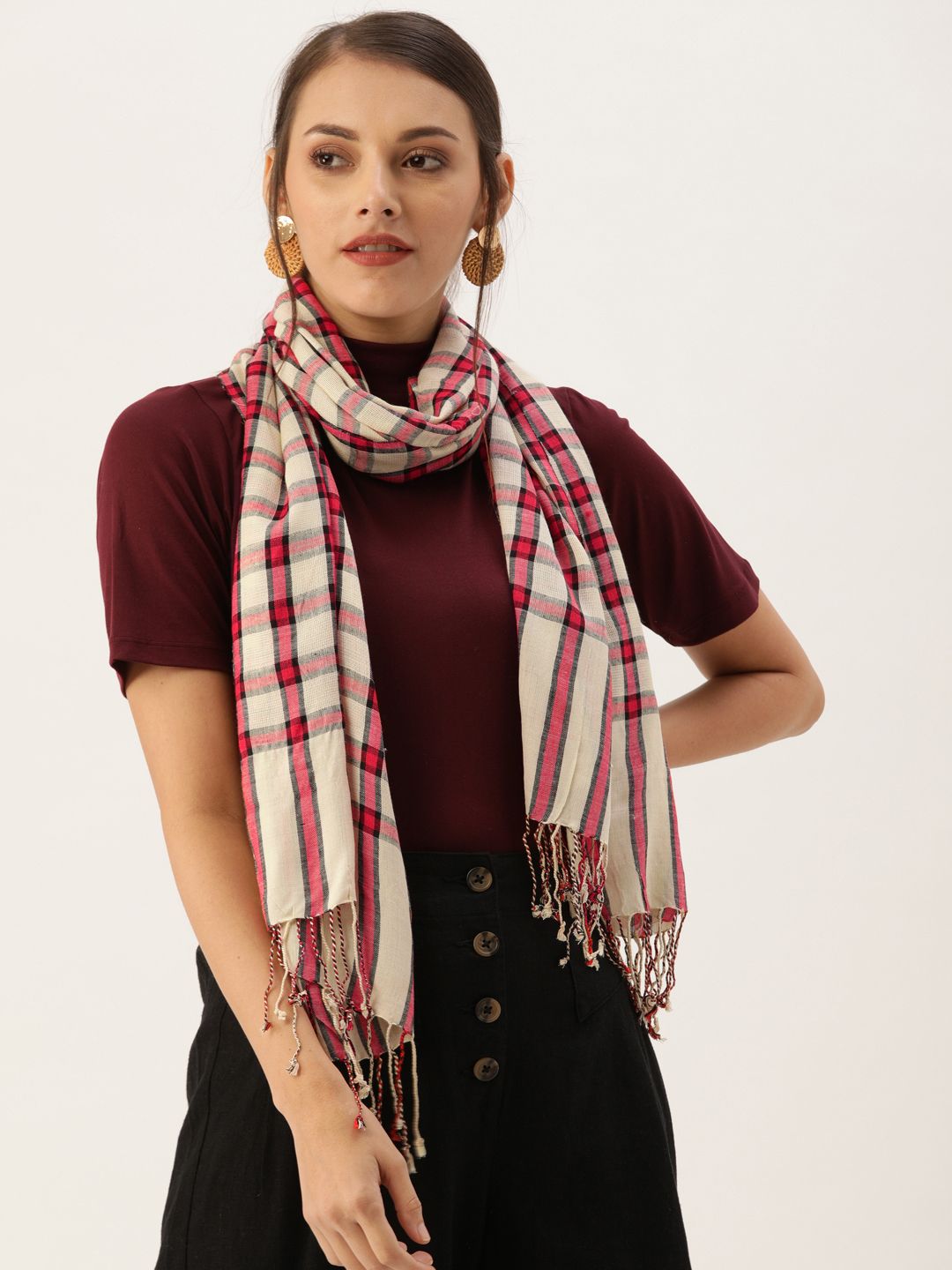 Ayesha Women Red & Off-White Striped Checks Scarf Price in India