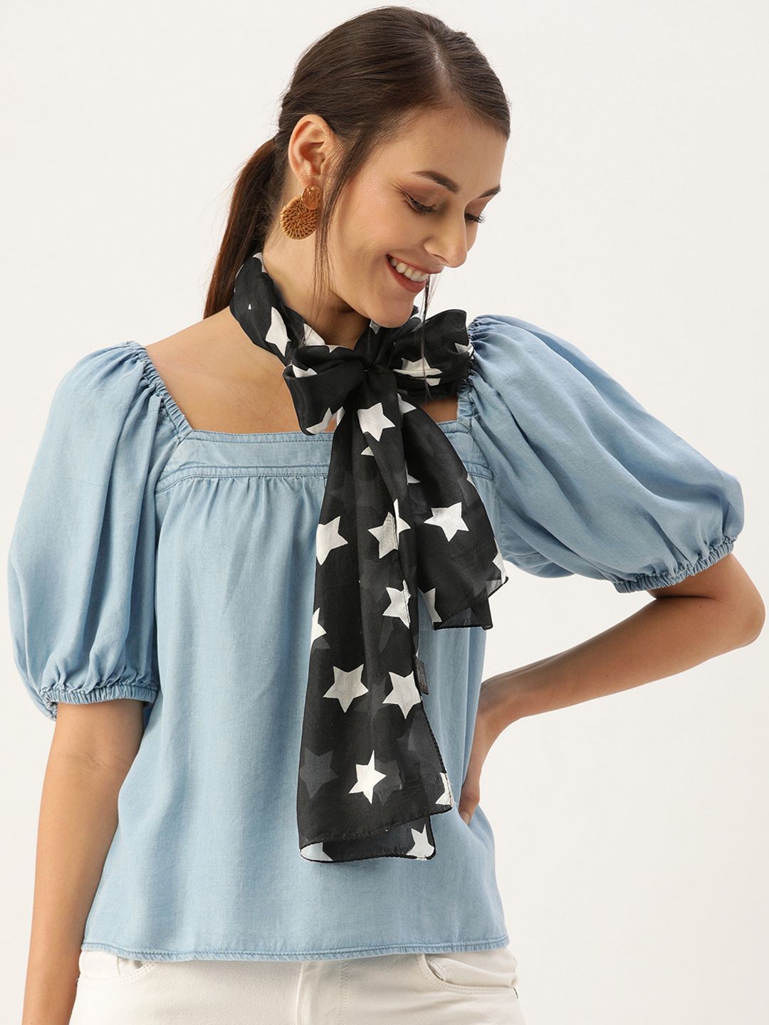 Ayesha Women Black & White Star Printed Silk Scarf Price in India