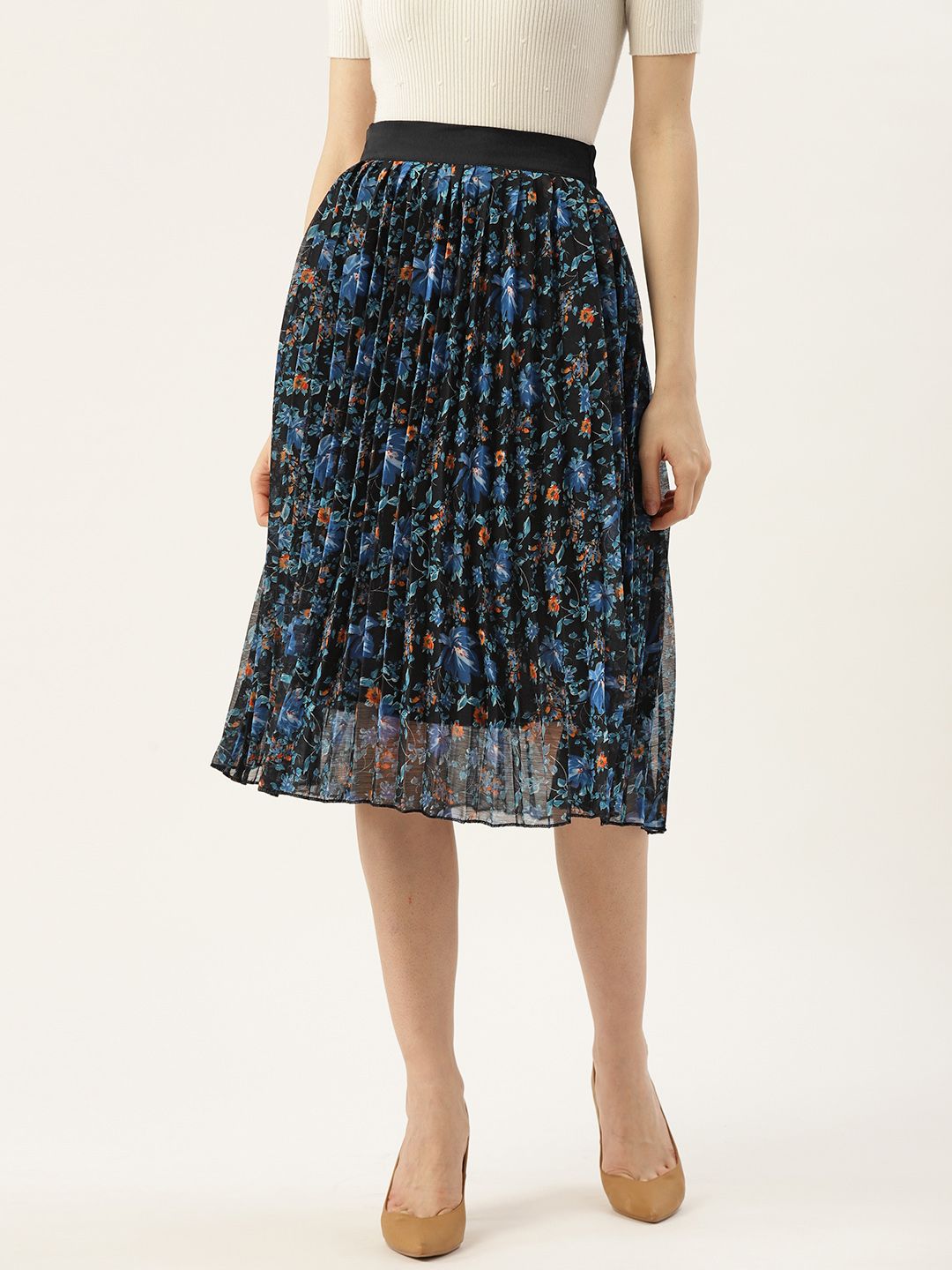 Off Label Women Black & Blue Floral Printed Midi A-Line Skrit