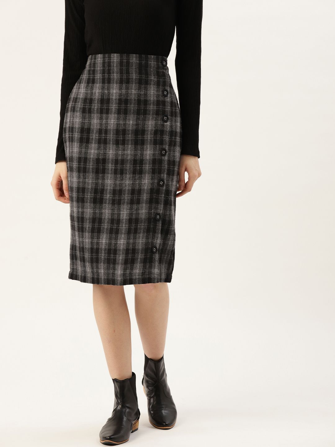 Off Label Women Grey & Black Checked Pencil Skirt