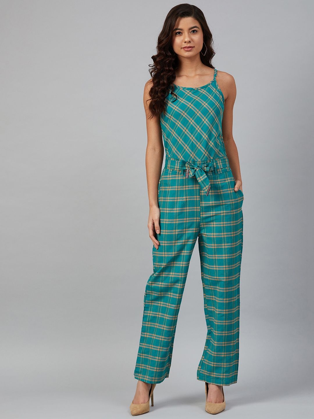 Jompers Women Green & Beige Checked Basic Jumpsuit Price in India