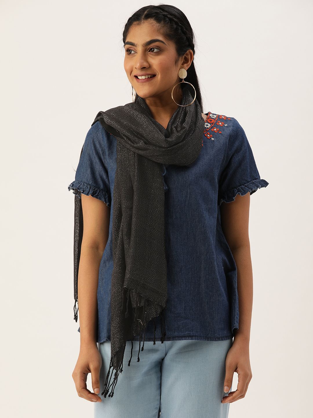 Ayesha Women Black Solid Contemporary Linen Scarf Price in India