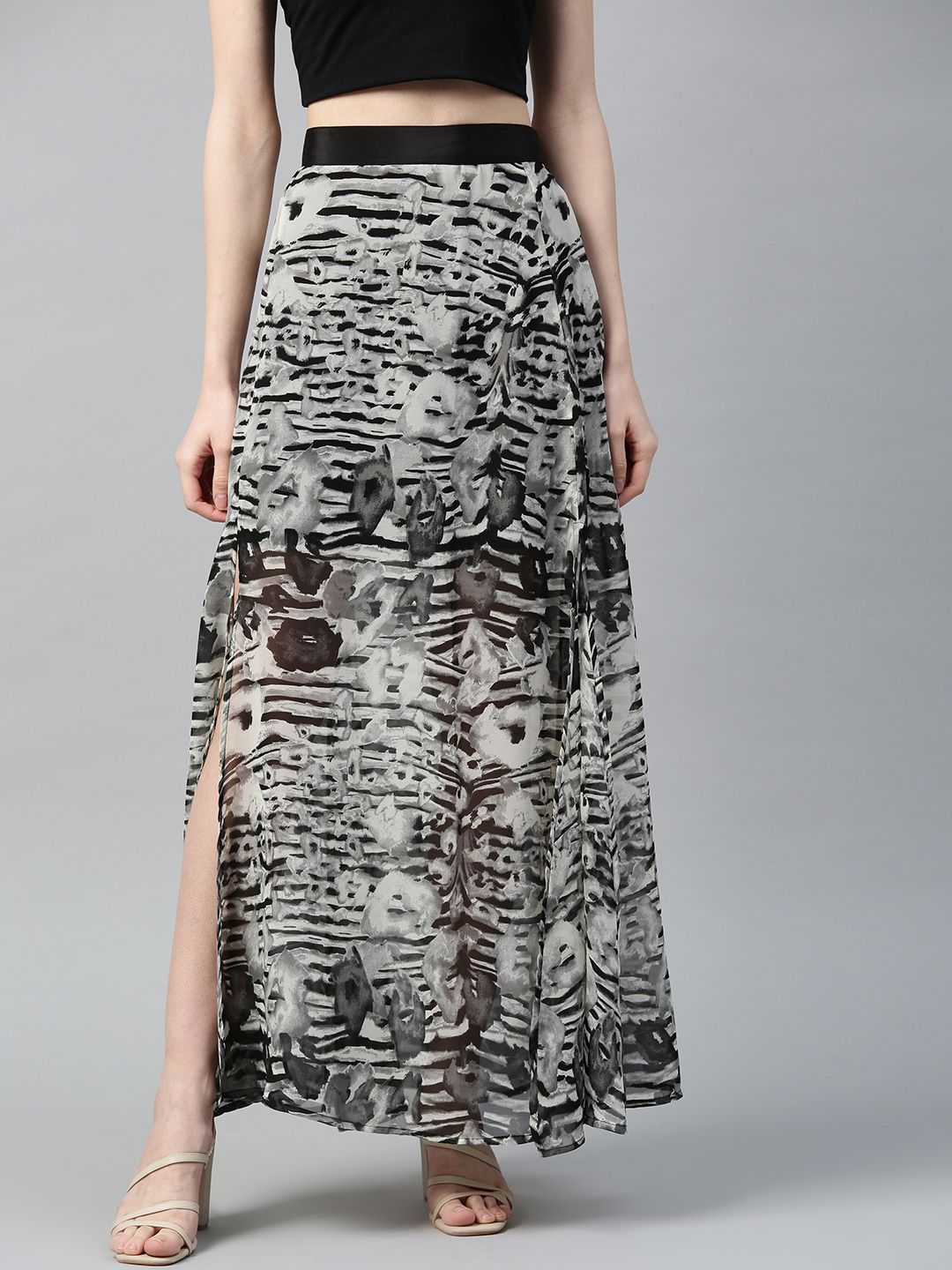 I AM FOR YOU Women Off-White & Grey Abstract Print Sheer Maxi A-Line Skirt with Side Slit