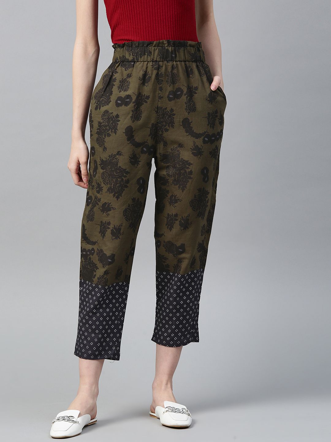 I AM FOR YOU Women Olive Green & Black Loose Fit Printed Cropped Trousers Price in India