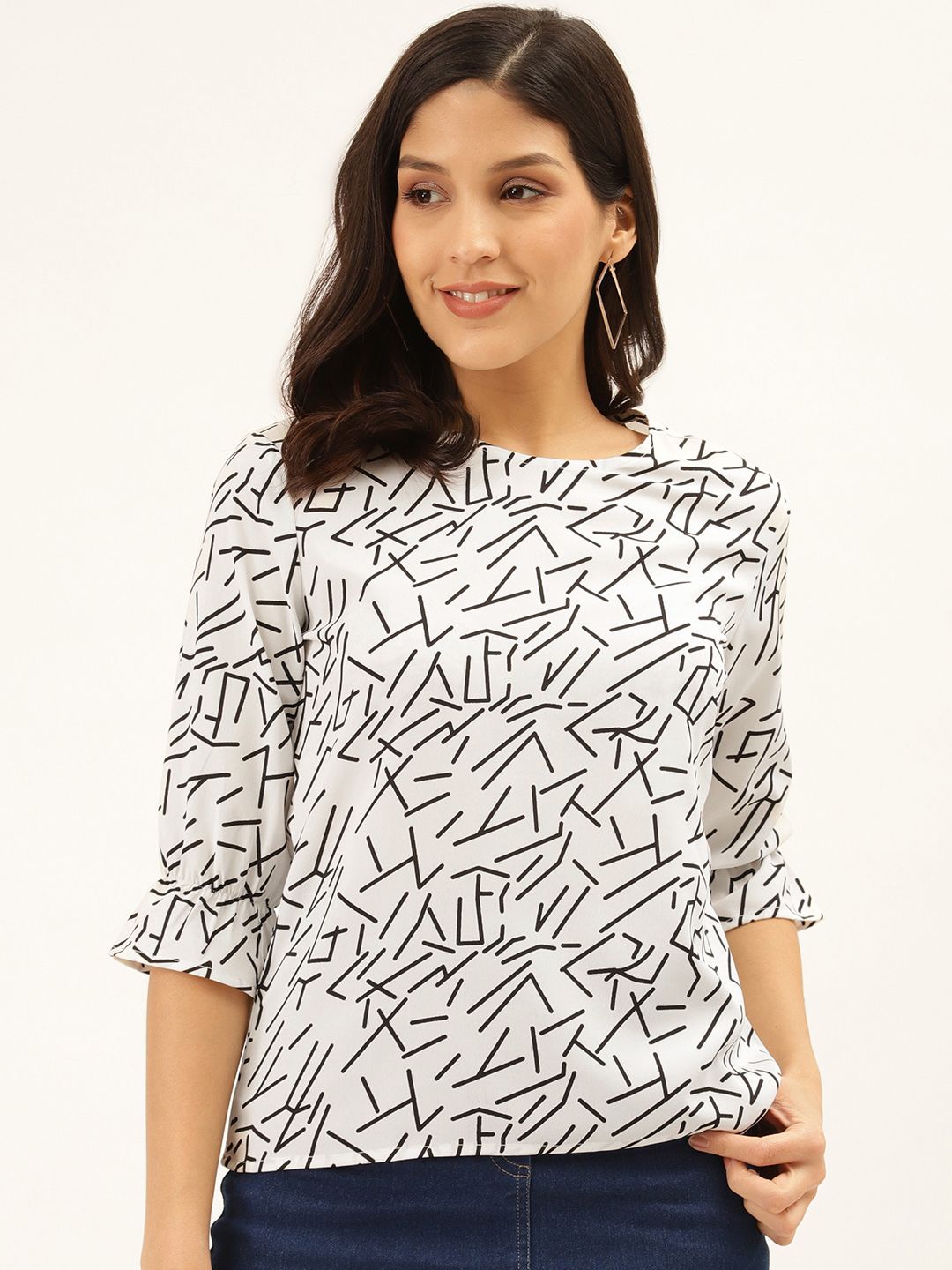 Style Quotient Women White & Black Abstract Print Regular Top Price in India