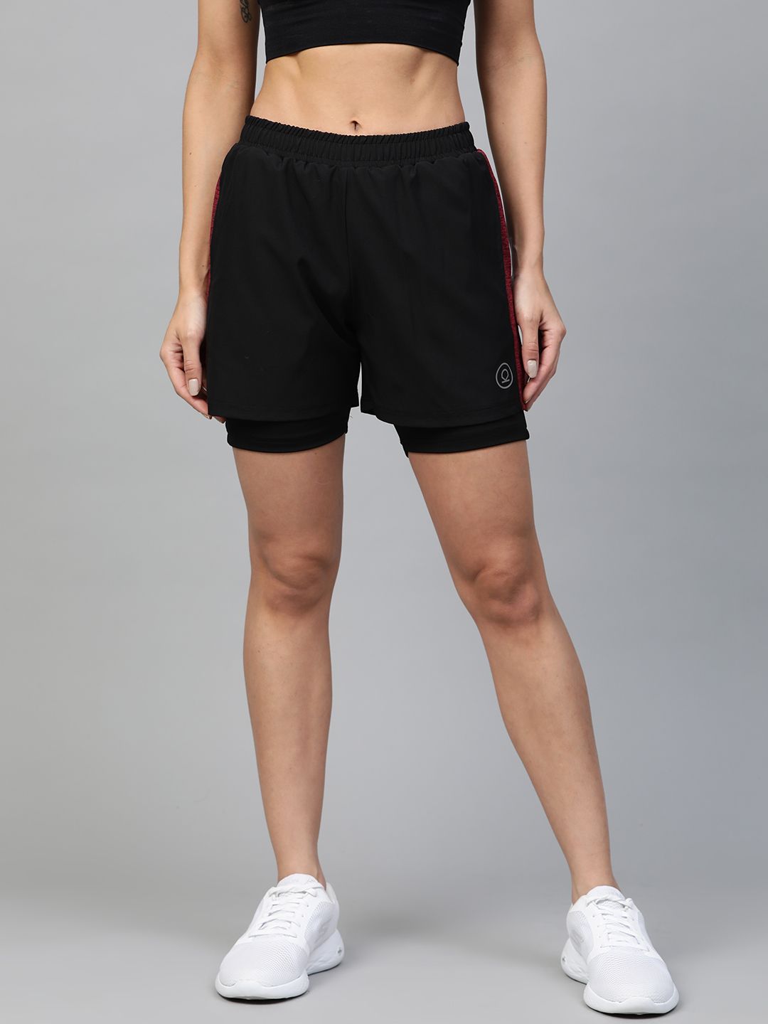 Chkokko Women Black Side Panelled Regular Fit Double Layered Running Shorts Price in India