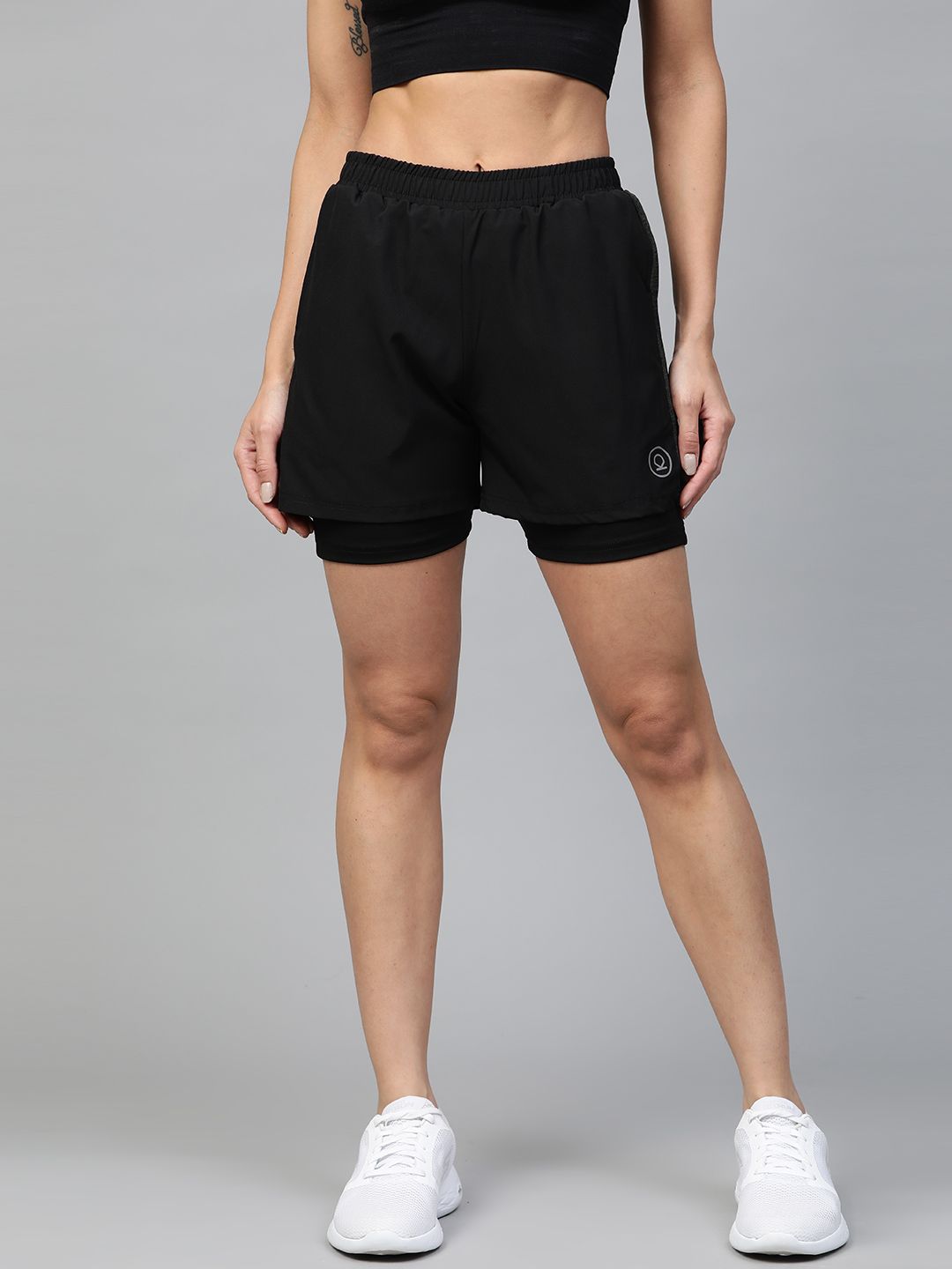 Chkokko Women Black Side Panelled Regular Fit Double Layered Running Shorts Price in India