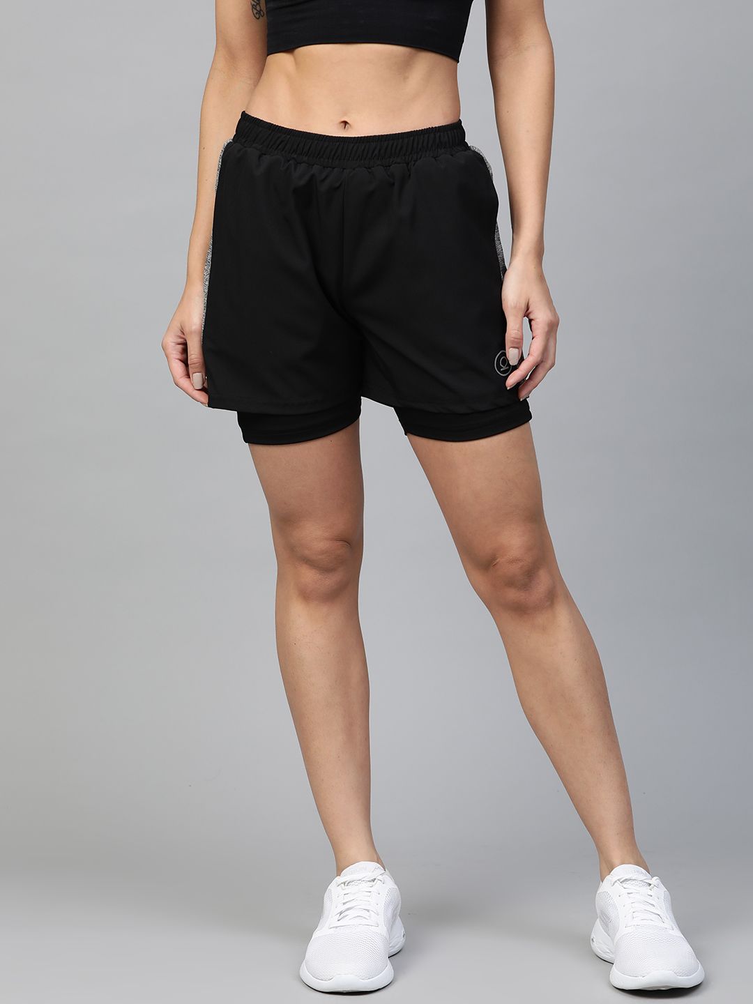Chkokko Women Black Side Panelled Regular Fit Double Layered Running Shorts Price in India