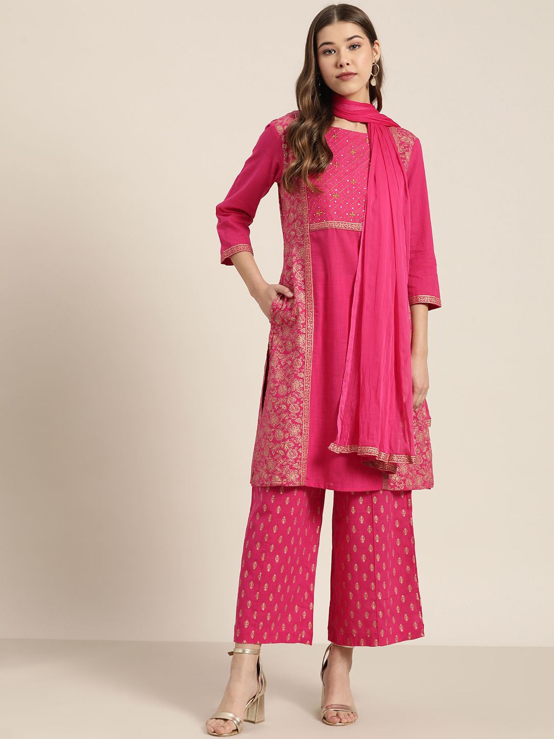 Sangria Women Pink & Golden Printed Kurta with Palazzos & Dupatta Price in India