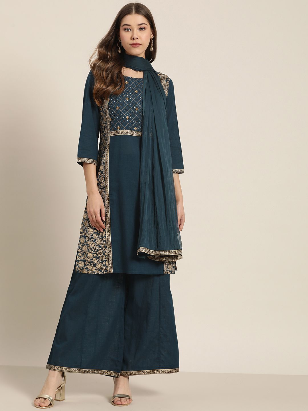 Sangria Women Teal Blue & Golden Printed Kurta with Palazzos & Dupatta Price in India