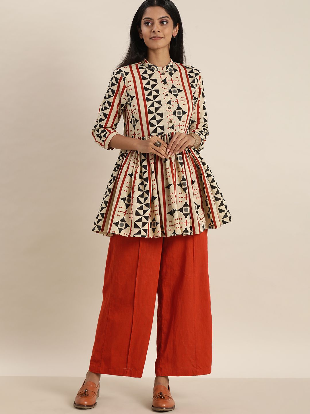 Sangria Women Beige & Orange Printed Pure Cotton Kurta Set Price in India