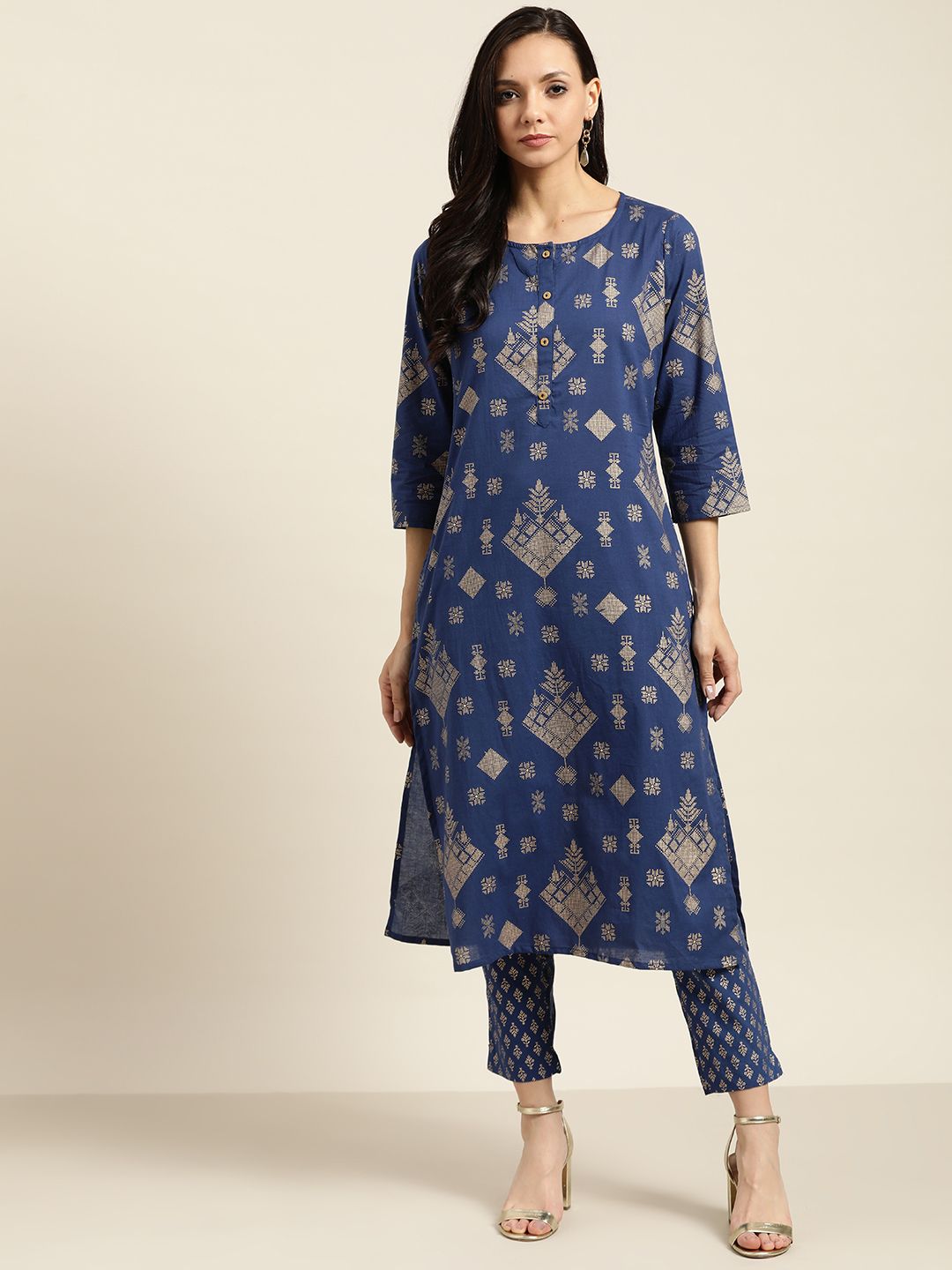 Sangria Women Navy Blue & Golden Printed Cotton Kurta with Trousers Price in India