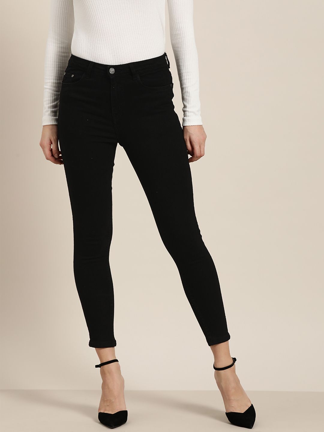 all about you Women Black Skinny Fit High-Rise Clean Look Stretchable Cropped Jeans Price in India