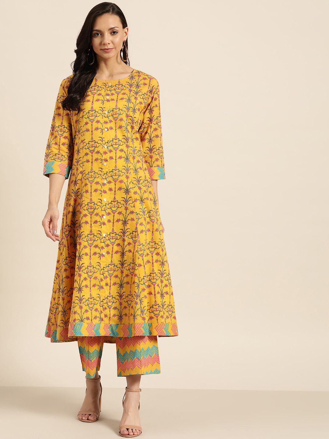 Sangria Women Mustard Yellow & Pink Pure Cotton Floral Printed Kurta with Trousers Price in India