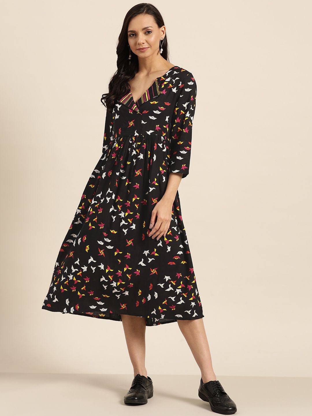 Sangria Women Black Printed A-Line Dress