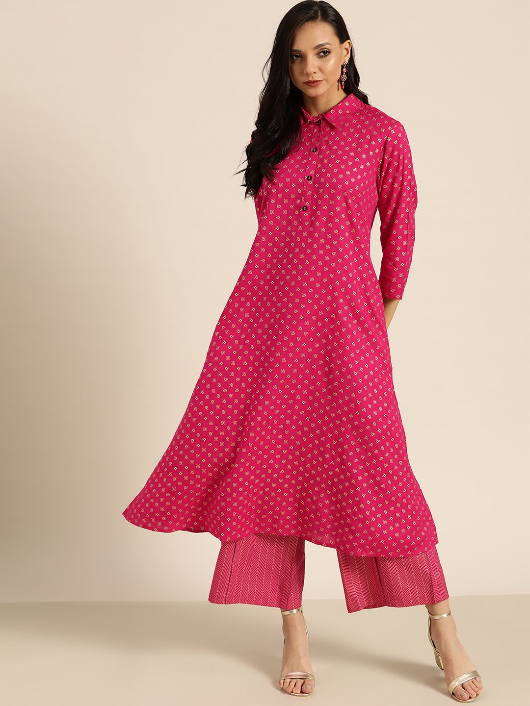 Sangria Women Fuchsia & Golden Floral Printed Kurta with Trousers Price in India