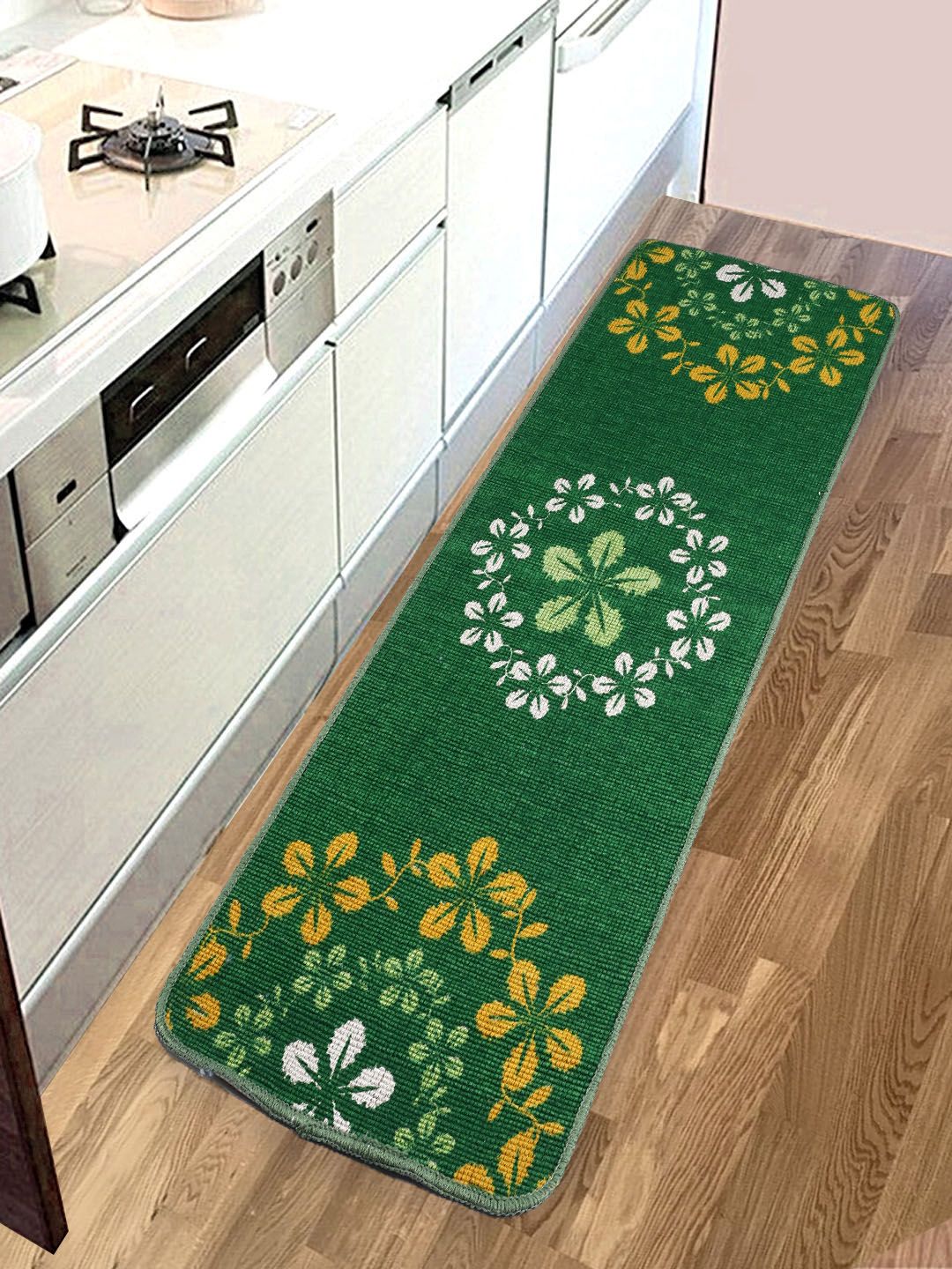 Saral Home Unisex Green Floral Printed Kitchen Runner Price in India