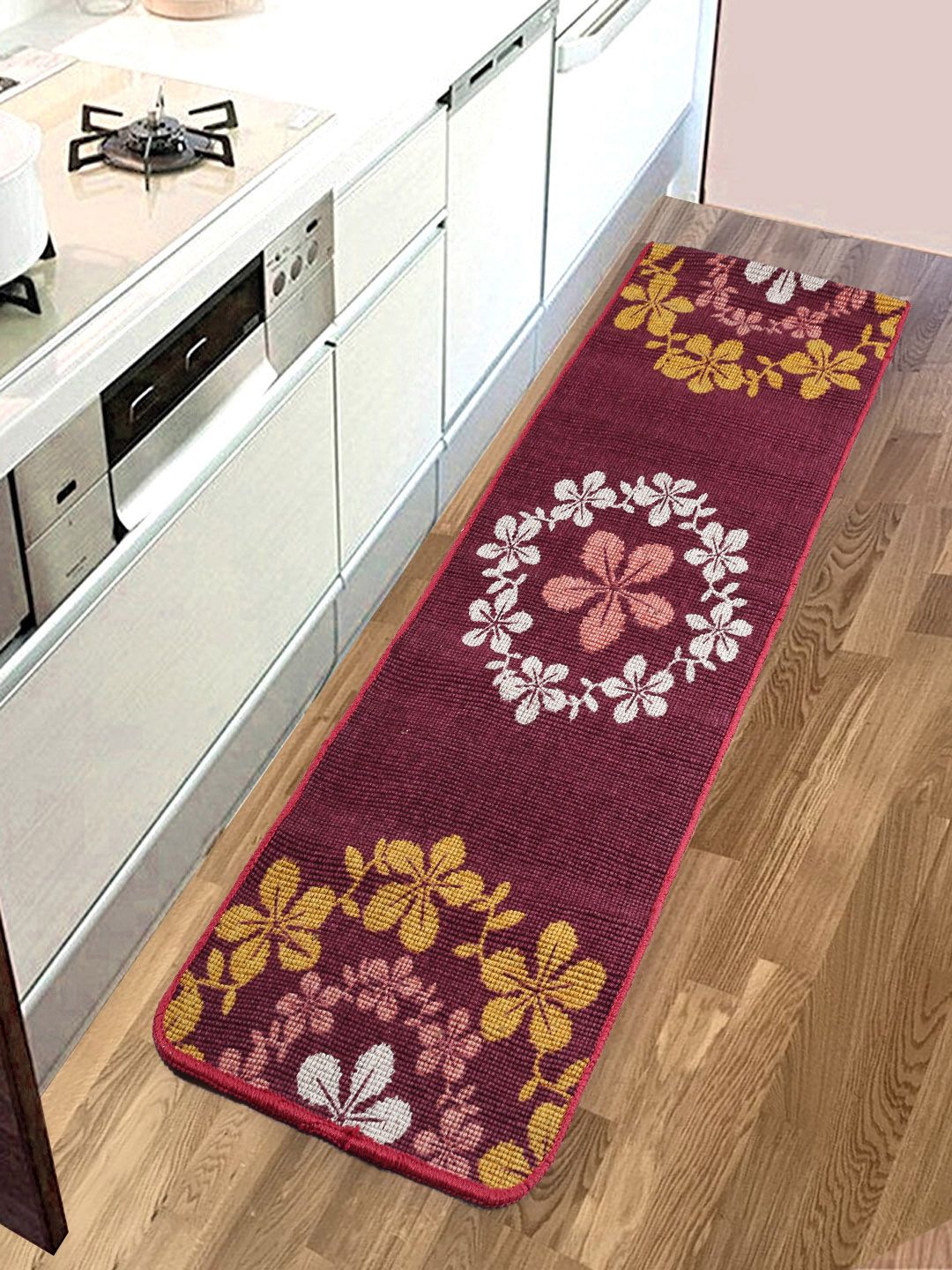 Saral Home Maroon & Yellow Floral Printed Anti-Skid Floor Runner Price in India