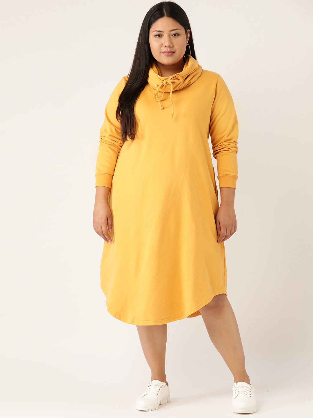 Revolution Women Plus Size Mustard Yellow Solid Hooded Sweatshirt Dress