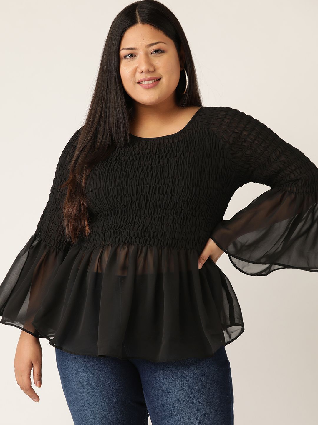 Revolution Black Plus Size Smocked Sheer Peplum Top